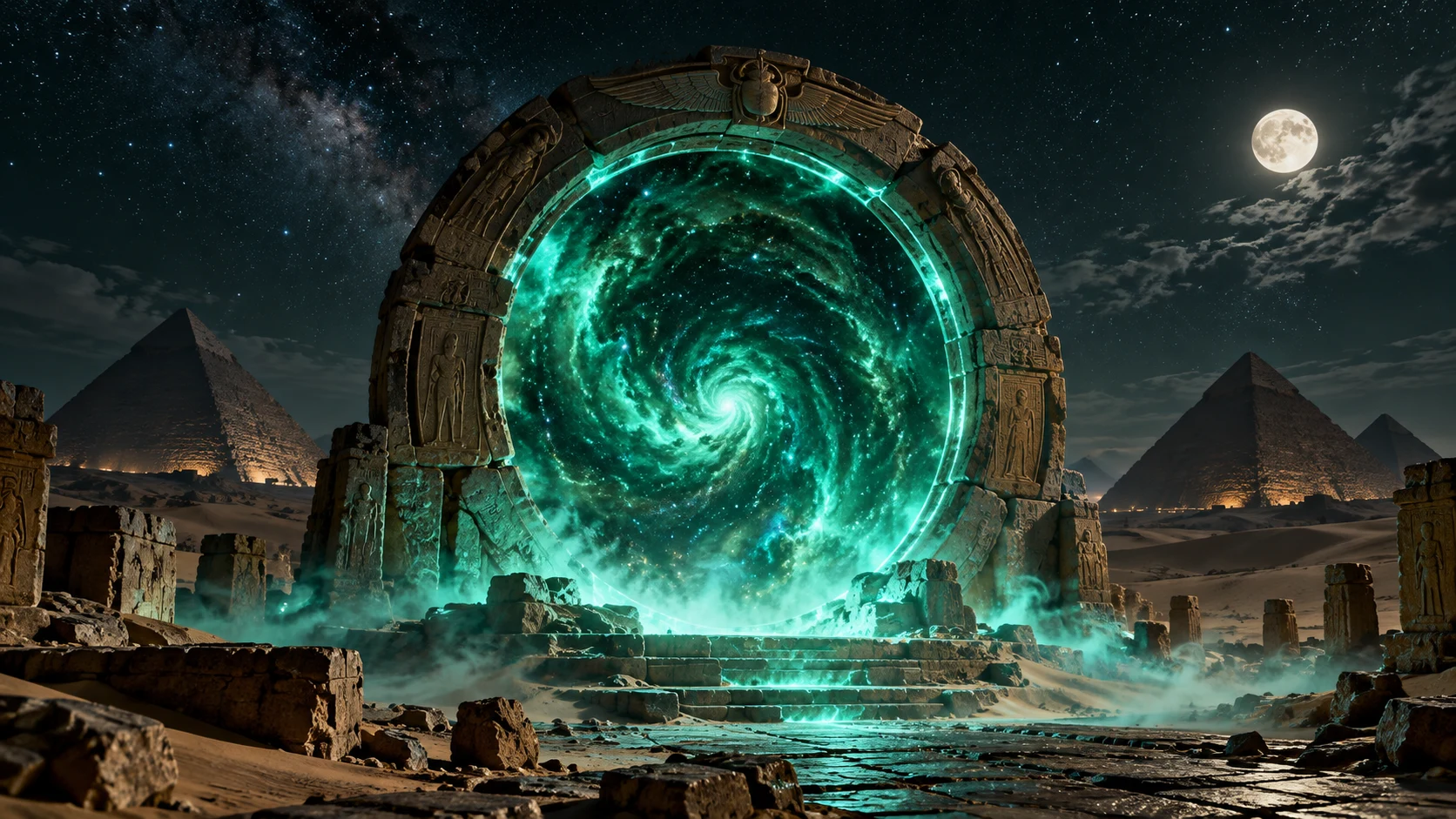 Illustrazione di un portale fantascientifico tra le piramidi